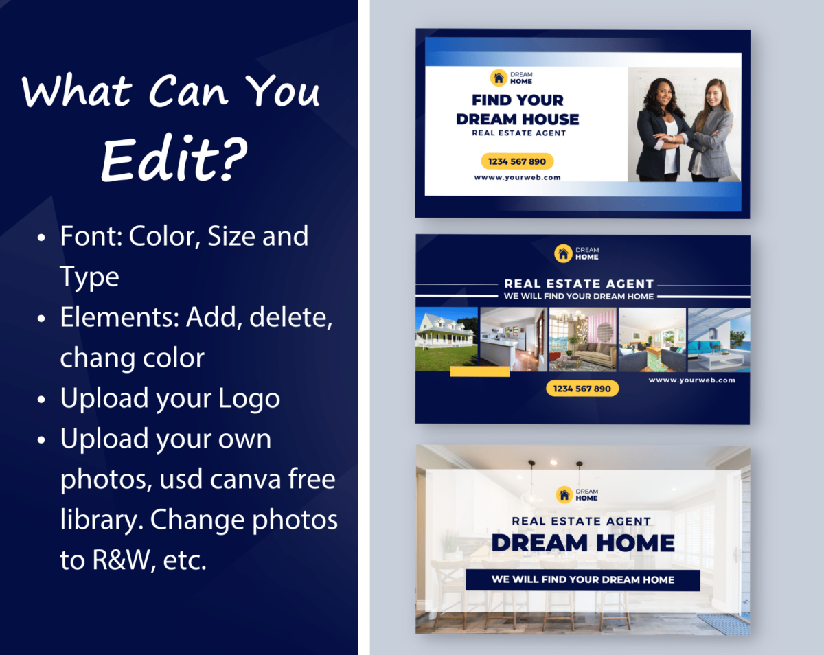 10 Canva template for Real estate desktop/mobile fanpage, group, event cover blue gradient and yellow. Anyone in the real estate business, Hotels and Resorts, Luxury restaurants, Travel services.