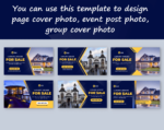 10 Canva template for Real estate desktop/mobile fanpage, group, event cover blue gradient and yellow. Anyone in the real estate business, Hotels and Resorts, Luxury restaurants, Travel services.