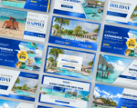 10 Canva template for holtel & resort desktop/mobile fanpage, group, event cover blue gradient and white. Anyone in the real estate business, Hotels and Resorts, Luxury restaurants, Travel services