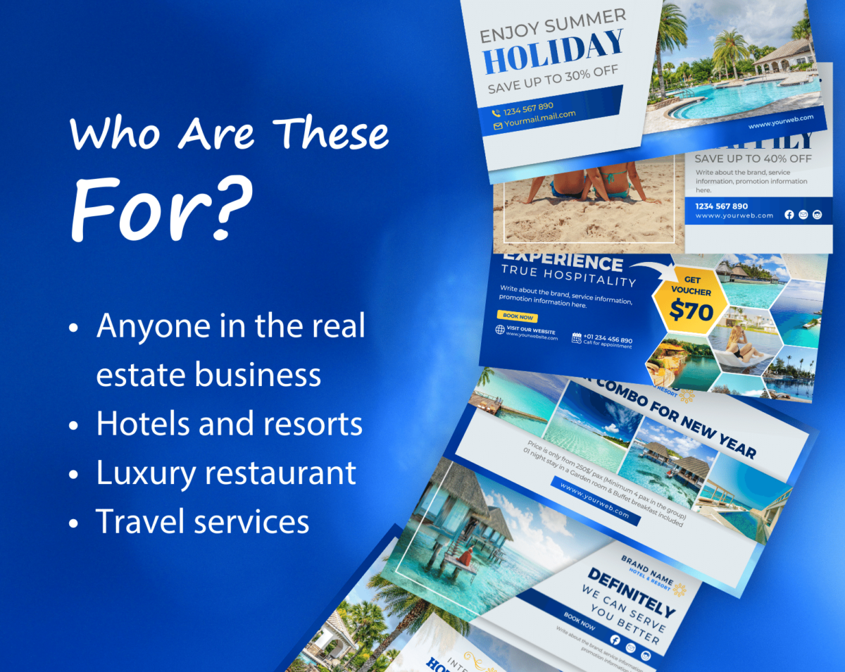 10 Canva template for holtel & resort desktop/mobile fanpage, group, event cover blue gradient and white. Anyone in the real estate business, Hotels and Resorts, Luxury restaurants, Travel services
