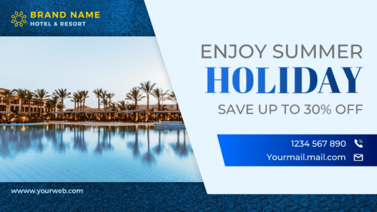 Canva template for holtel & resort desktop/mobile fanpage, group, event cover blue gradient and white. Anyone in the real estate business, restaurants, Travel services