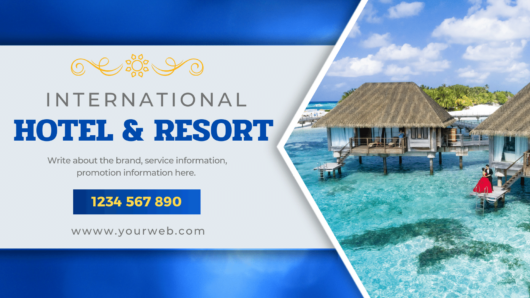 Canva template for holtel & resort desktop/mobile fanpage, group, event cover blue gradient and white. Anyone in the real estate business, Hotels and Resorts, restaurants, Travel services