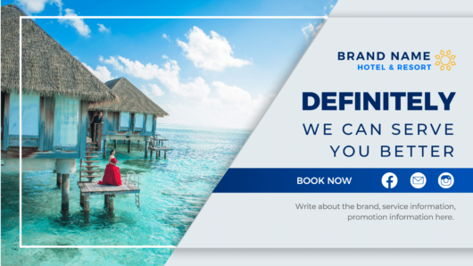 Canva template for holtel & resort desktop/mobile fanpage, group, event cover blue gradient and white. Anyone in the real estate business, Resorts, restaurants, Travel services