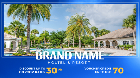Canva template for holtel & resort desktop/mobile fanpage, group, event cover blue gradient and white. Anyone in the real estate business, Hotels