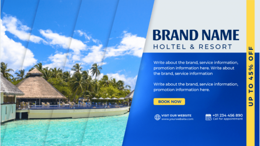 Canva template for holtel & resort desktop/mobile fanpage, group, event cover blue gradient and white. Anyone in the real estate business, Hotels and Resorts