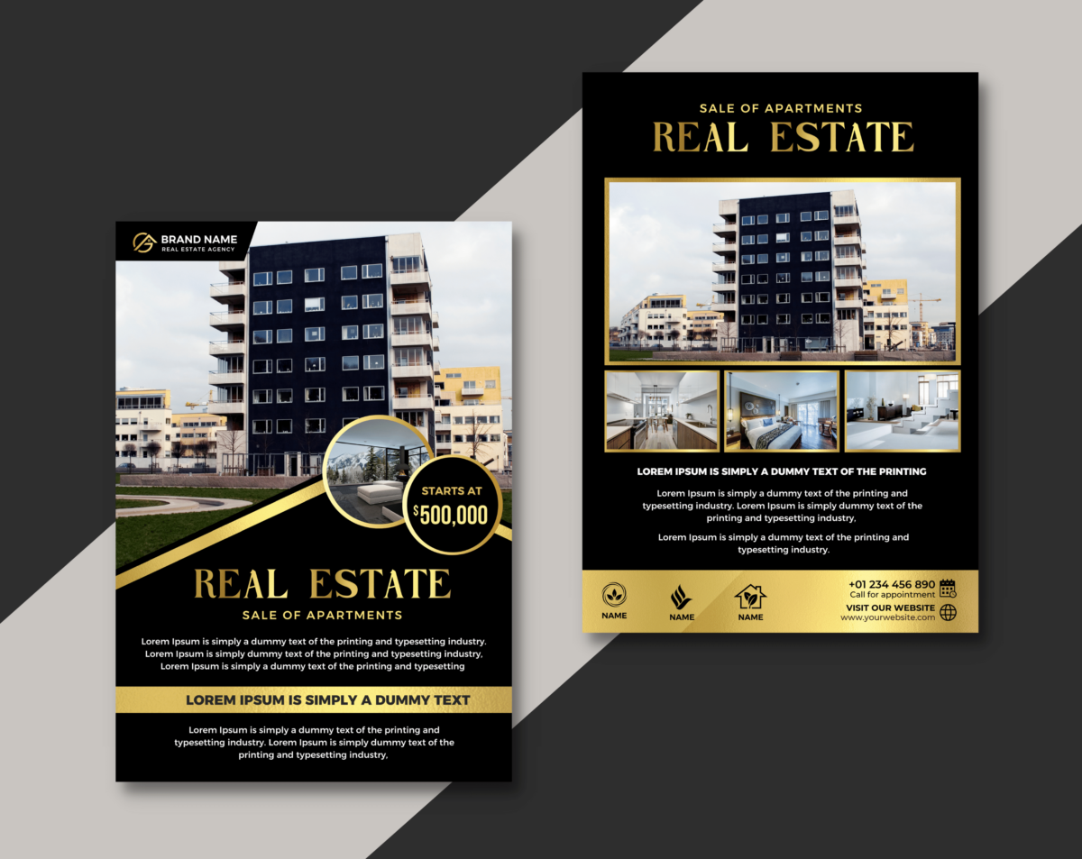 12 Canva template for Real estate Flyer/ Poster real estate gold gold ang black. Anyone in the real estate business, Interior design, Hotels and resorts, Furniture