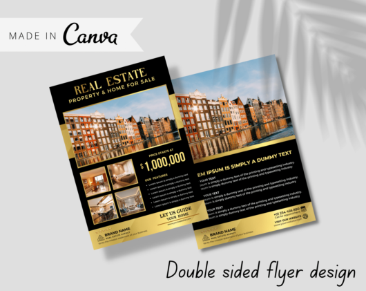 Canva template for Real estate Flyer, Poster real estate gold and black. Anyone in the real estate business, Interior design, Hotels and resorts