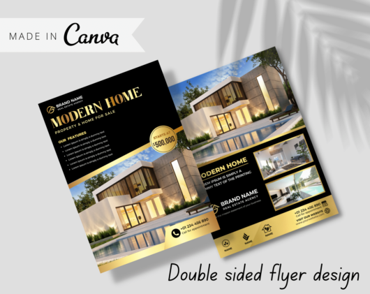 Canva template for Real estate Flyer/ Poster real estate gold and black. Anyone in the real estate business, Interior design, Hotels and resorts, Furniture. Flyer template modern home