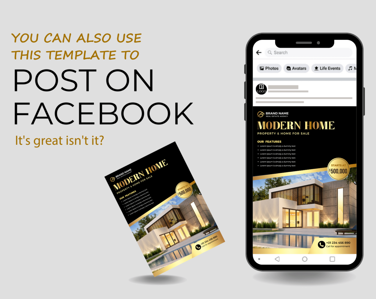 Canva template for Real estate Flyer/ Poster real estate gold and black. Anyone in the real estate business, Interior design, Hotels and resorts, Furniture. Flyer template modern home