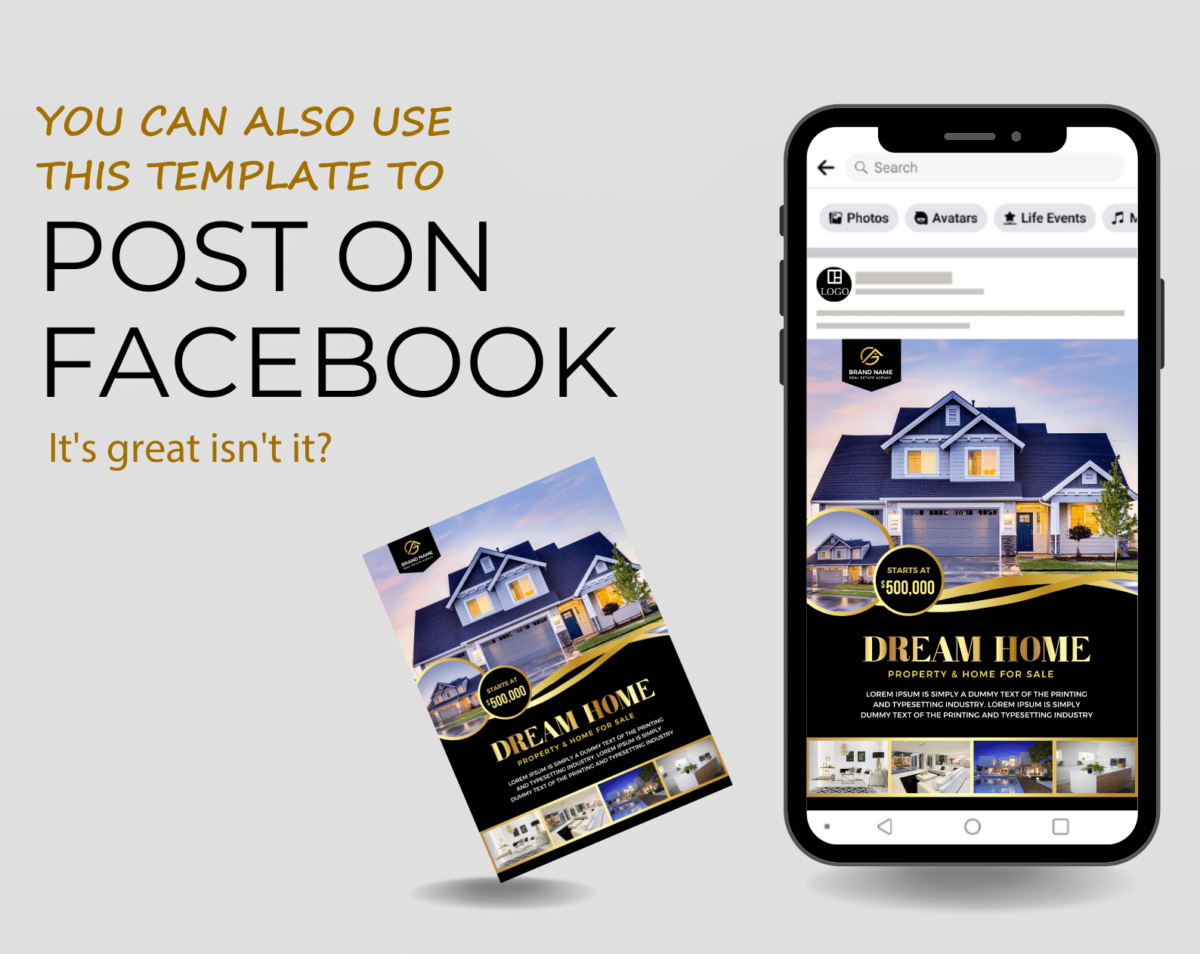 Canva template for Real estate Flyer/ Poster real estate gold and black. Anyone in the real estate business, Interior design, Hotels and resorts, Furniture. Flyer template dream home