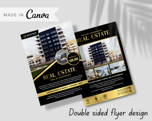 Canva template for Flyer/ Poster real estate gold and black. Anyone in the real estate business, Interior design, Hotels and resorts, Furniture