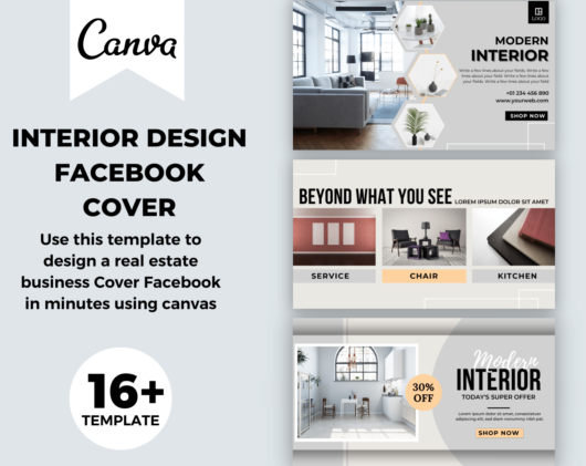 16 Canva template for Interior design desktop/mobile fanpage, group, event cover Gray. Anyone in the real estate business, Interior design, Hotels and resorts, Furniture