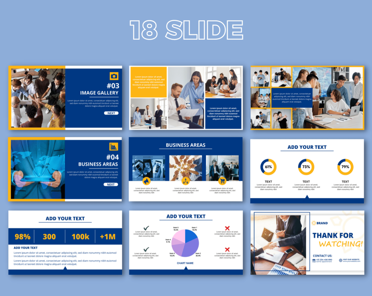 18 Canva template for Business Presentation Blue and yellow. Anyone in the real estate business