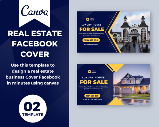 Canva template for Real estate desktop/mobile fanpage, group, event cover blue gradient and yellow. Anyone in the real estate business, Hotels and Resorts, Luxury restaurants, Travel services. Impressive design