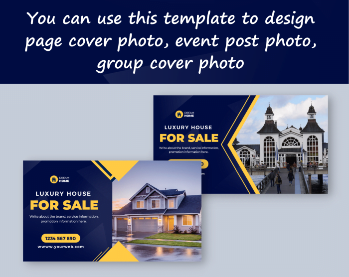 Canva template for Real estate desktop/mobile fanpage, group, event cover blue gradient and yellow. Anyone in the real estate business, Hotels and Resorts, Luxury restaurants, Travel services. Impressive design