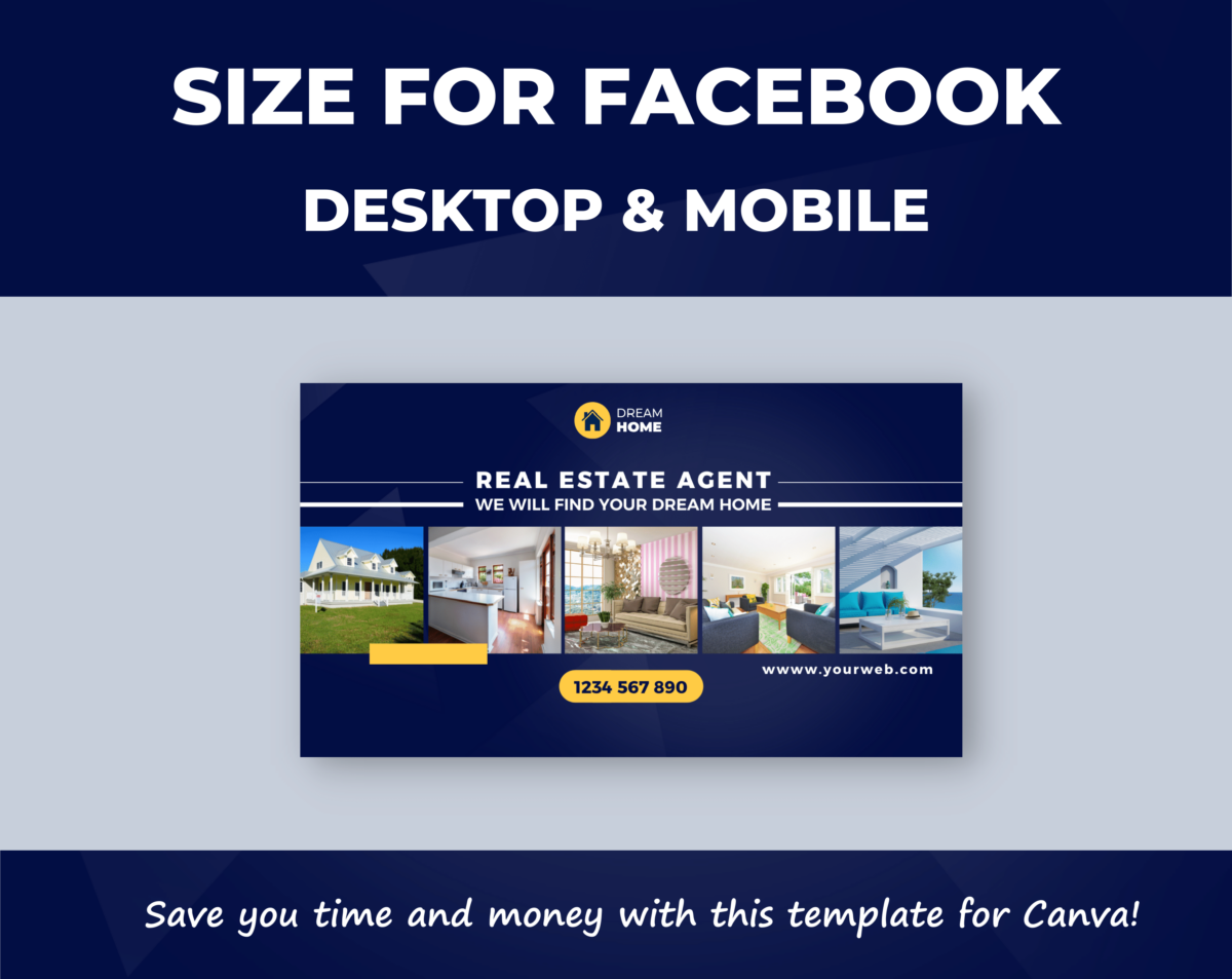 Canva template for Real estate desktop/mobile fanpage, group, event cover blue gradient and yellow. Anyone in the real estate business, Hotels and Resorts, Luxury restaurants, Travel services.