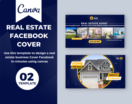 Canva template for Real estate desktop/mobile fanpage, group, event cover blue gradient and yellow. Anyone in the real estate business, Hotels and Resorts, Luxury restaurants, Travel services.