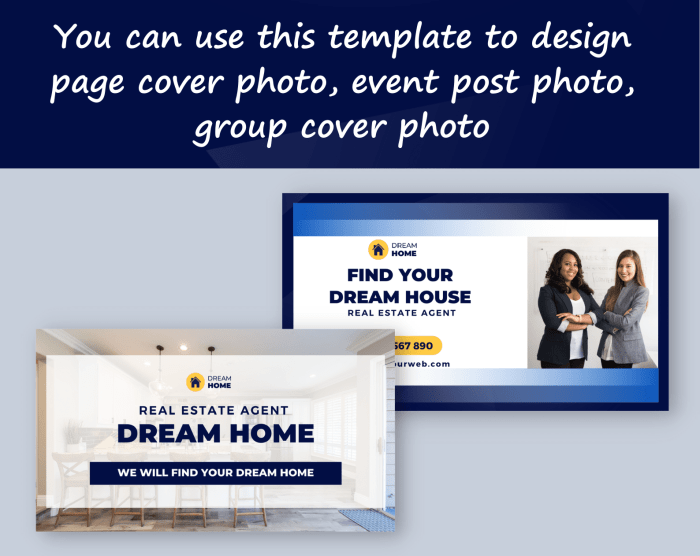 Canva template for Real estate desktop/mobile fanpage, group, event cover blue gradient and yellow. Anyone in the real estate business, Hotels and Resorts, restaurants, Travel services.