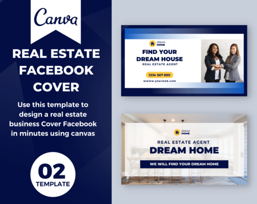 Canva template for Real estate desktop/mobile fanpage, group, event cover blue gradient and yellow. Anyone in the real estate business, Hotels and Resorts, restaurants, Travel services.