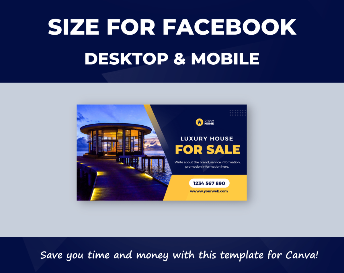 Canva template for Real estate desktop/mobile fanpage, group, event cover blue gradient and yellow. Anyone in the real estate business, Hotels and Resorts, Luxury restaurants.