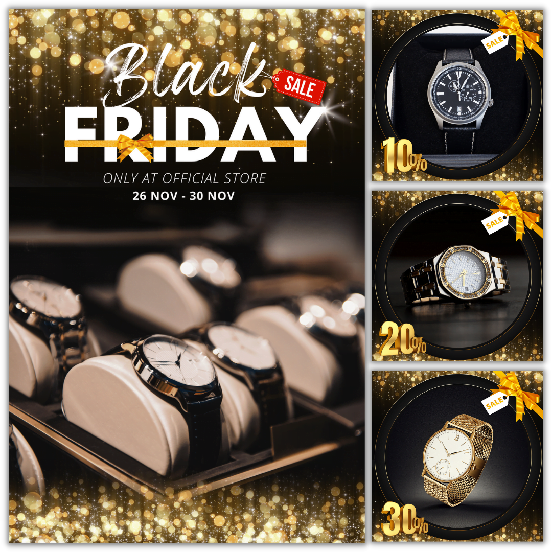 Gold jewelry and watch stores Black Friday sale social media Instagram, album post template (2:3)