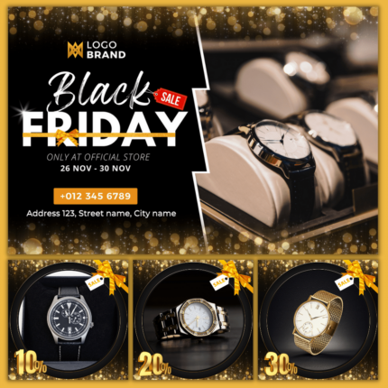 Gold jewelry and watch stores Black Friday sale social media Instagram, album post template (3:2)