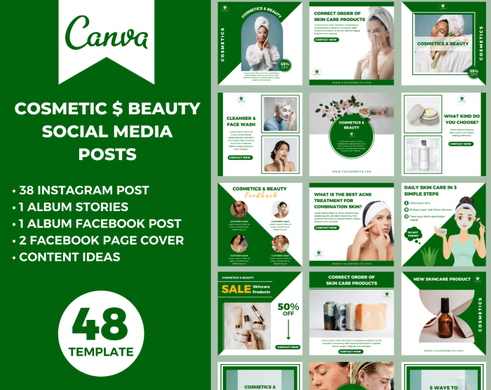 48 Thiết kế của Canva cho bài đăng trên mạng xã hội Mỹ phẩm & làm đẹp có màu trắng và xanh lá cây. Bất cứ ai trong ngành làm đẹp, Ngành trang điểm, Mỹ phẩm chăm sóc da, Hiệu làm tóc, Thẩm mỹ viện, Spa ce