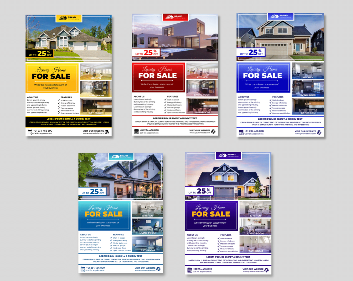 5 Canva template for Real estate Flyer/ Poster real estate red gradient, green gradient, yellow gradient. Anyone in the real estate business, Interior design, Hotels and resorts, Furniture