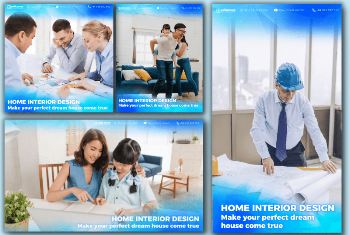 Album design template for interior design company, kitchen, construction company, architectural design in blue style Canva album template