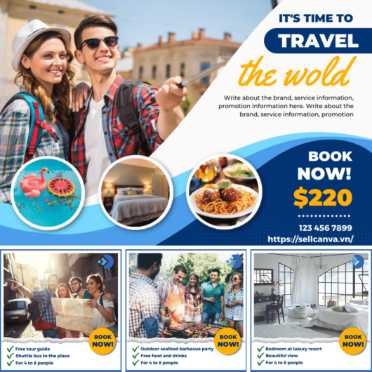 Canva Abum post Facebook for travel promotions, blue