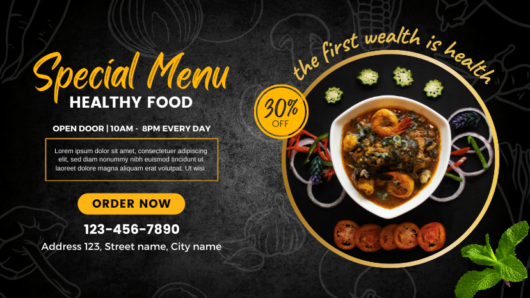 Black gradient template facebook cover special menu healthy food restaurant cover design. Design by Canva Free