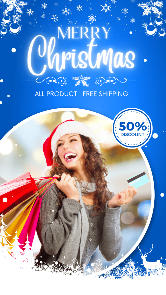 Blue Christmas theme design template for fashion store, instagram social selling, facebook story post template
