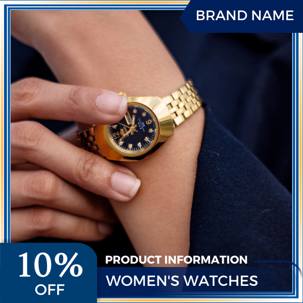 Mẫu Canva quảng cáo đồng hồ nữ màu xanh và màu vàng cho bài đăng thương mại điện tử và phương tiện truyền thông xã hội