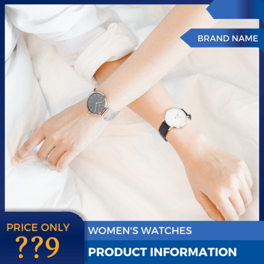 Mẫu Canva quảng cáo đồng hồ nữ màu xanh và trắng cho thương mại điện tử và bài đăng trên mạng xã hội, thị trường
