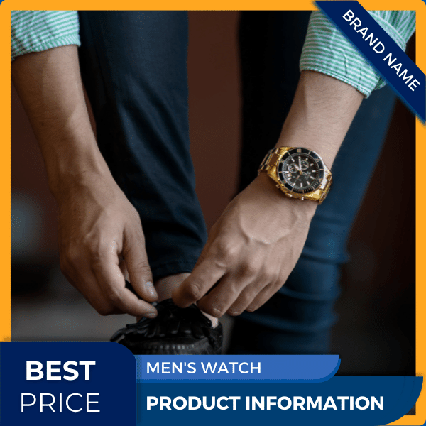 Mẫu Canva quảng cáo đồng hồ nam màu xanh và màu vàng dành cho thương mại điện tử và phương tiện truyền thông xã hội, chương trình giảm giá, ưu đãi đặc biệt