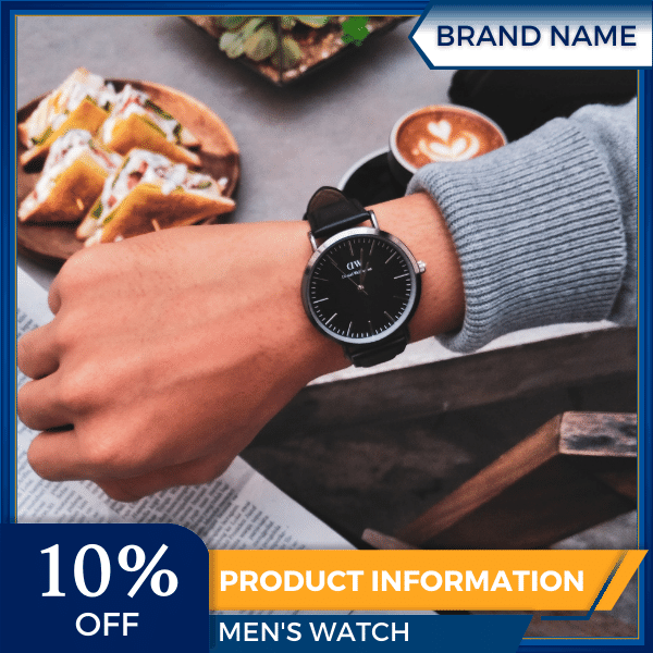 Mẫu Canva quảng cáo đồng hồ nam màu xanh và màu vàng cho thương mại điện tử và phương tiện truyền thông xã hội, cửa hàng