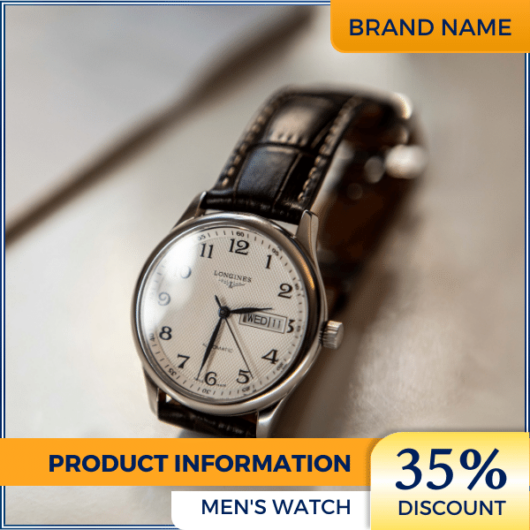 Mẫu Canva quảng cáo đồng hồ nam màu xanh và màu vàng cho bài đăng thương mại điện tử và phương tiện truyền thông xã hội