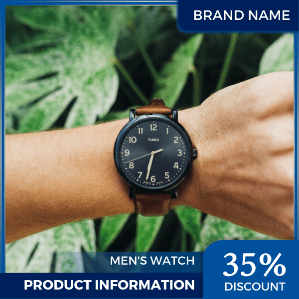 Mẫu Canva quảng cáo đồng hồ nam màu xanh và trắng cho thương mại điện tử và phương tiện truyền thông xã hội, bài đăng trên thị trường