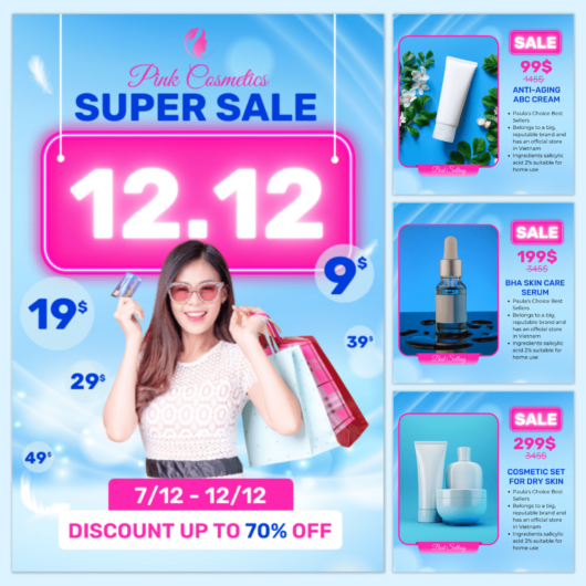 Blue gradient cosmetics store 12.12 sale social media Instagram, album post template (2:3)