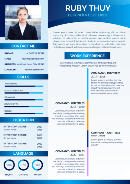 Blue gradient creative and modern resume template design template