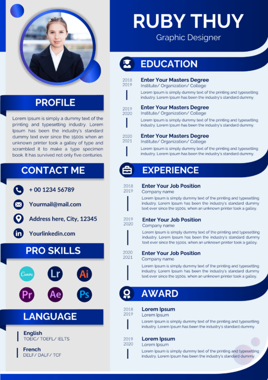 Blue gradient creative resume design template for Graphic Designer