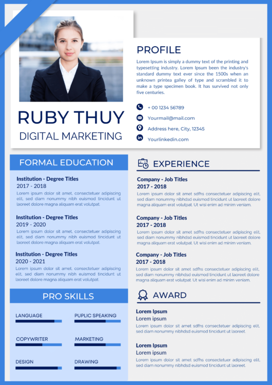 Blue gradient creative resume design template for industry digital marketing