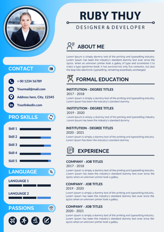 Blue gradient creative resume template design for designer & developer