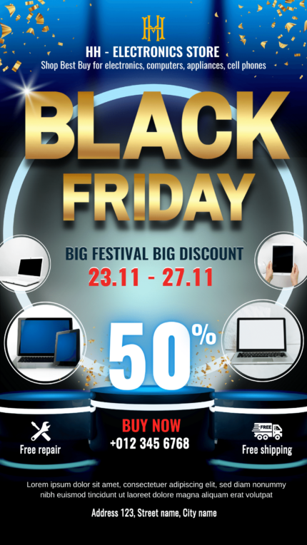 Blue gradient electronics store Black Friday sale story instagram, facebook post template