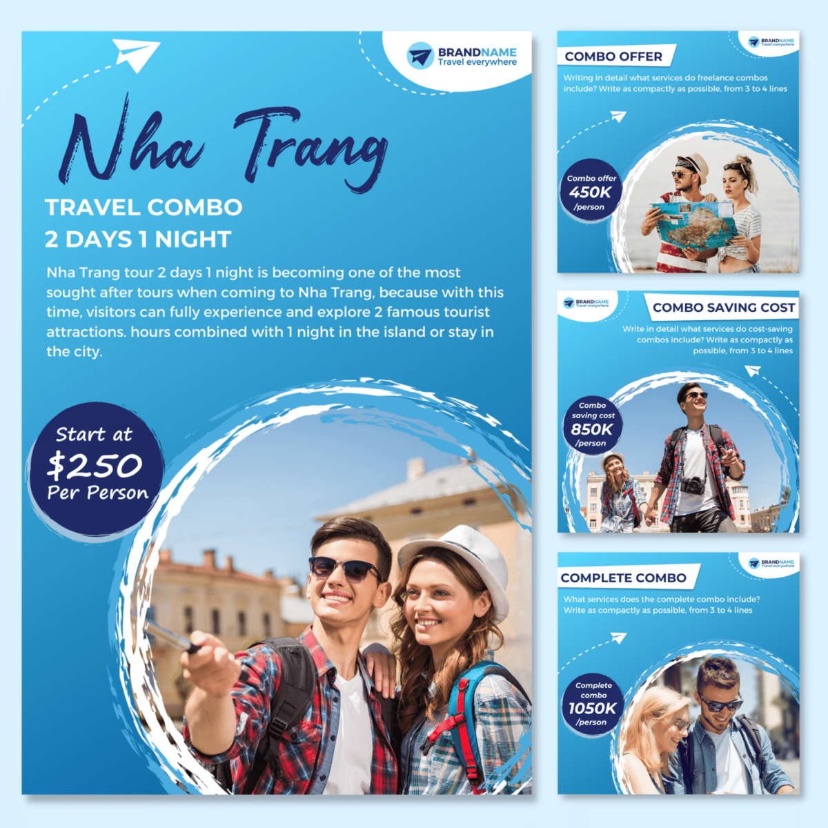 Blue gradient travel social media post design template