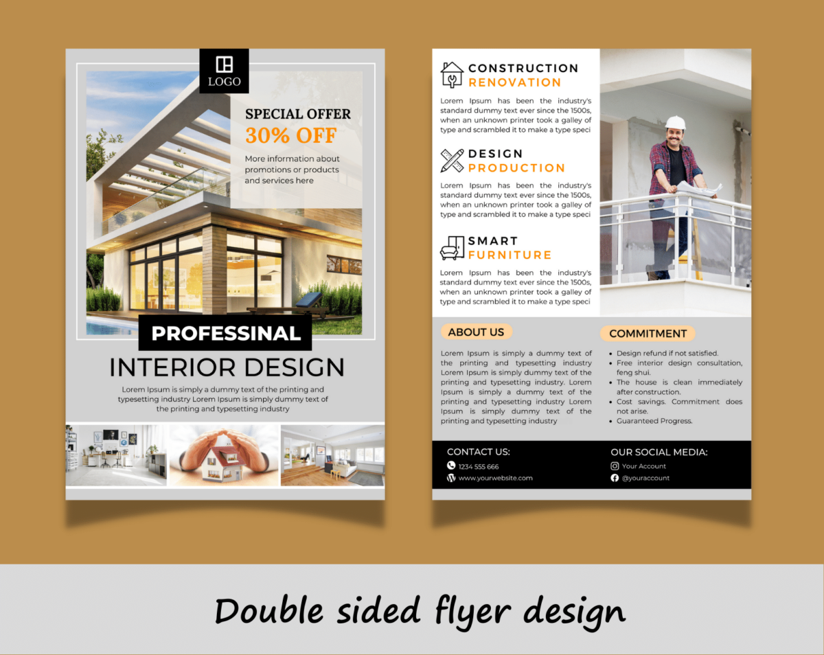 Canva template for Interior design flyer/ Poster interior design Gray. Anyone in the real estate business, Interior design, Hotels and resorts, Furniture