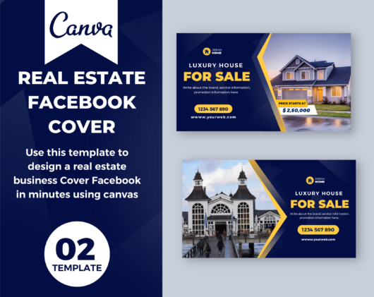 Canva template for Real estate desktop/mobile fanpage, group, event cover blue gradient and yellow. Anyone in the real estate business, Hotels and Resorts, Luxury restaurants, Travel services. Best selling template