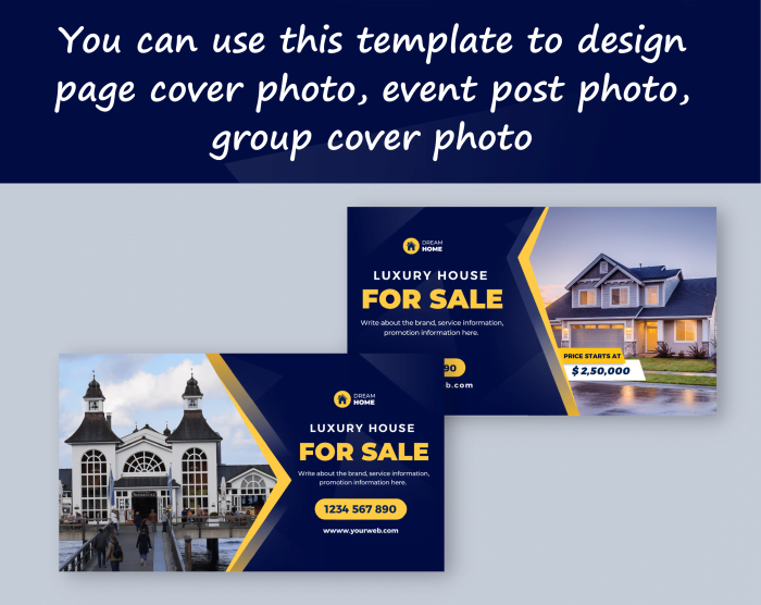 Canva template for Real estate desktop/mobile fanpage, group, event cover blue gradient and yellow. Anyone in the real estate business, Hotels and Resorts, Luxury restaurants, Travel services. Best selling template