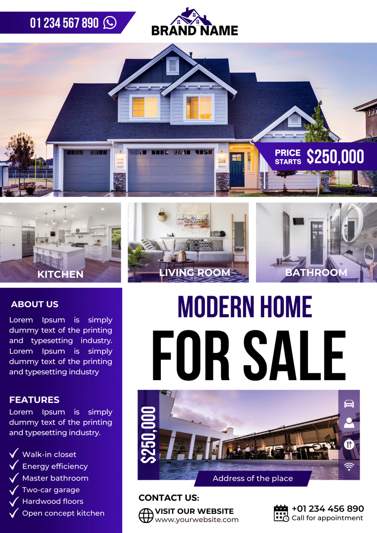 Dark purple gradient Real Estate Brochure/Poster Design Template. Apply to anyone in the real estate business, Interior Design, Hotels and Resorts, Furniture