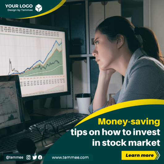 Dark teal Money-saving tips on how to invest in stock market Facebook, Instagram, Linkedin post template
